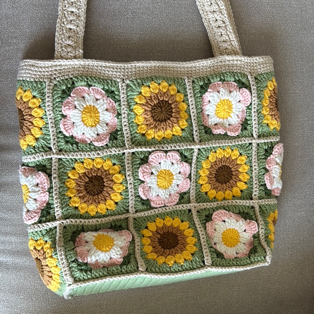 Handmade Crochet Floral Tote Bag - Multicolor